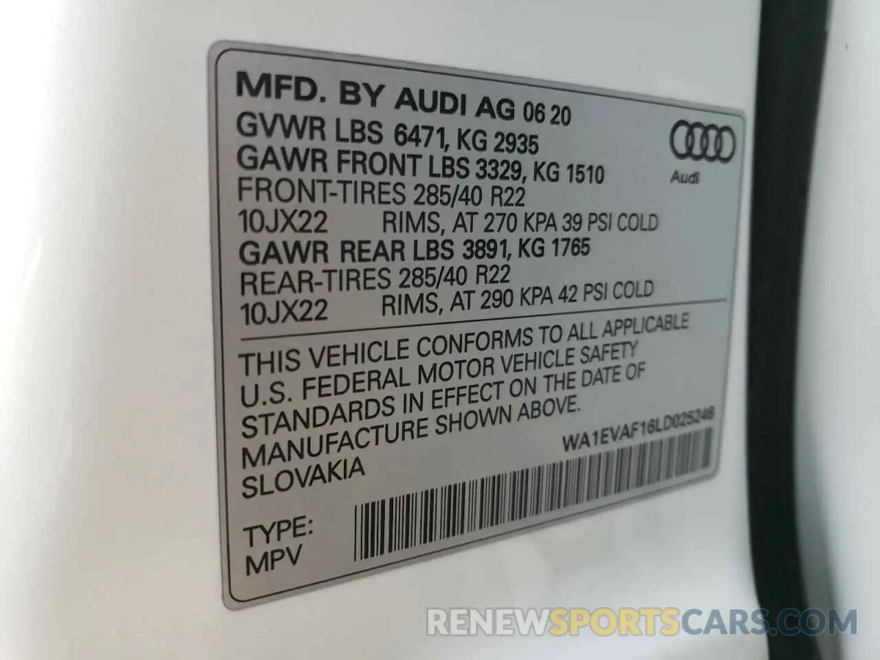 10 fotografías del automóvil dañado WA1EVAF16LD025246 AUDI Q8 2020