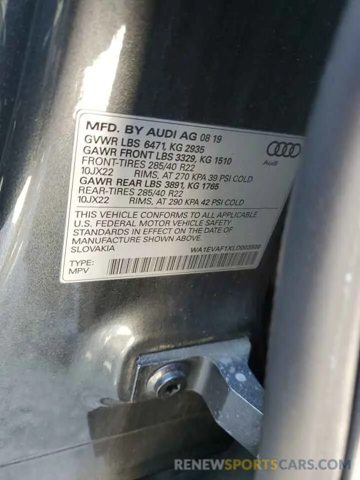 13 fotografías del automóvil dañado WA1EVAF1XLD003508 AUDI Q8 2020
