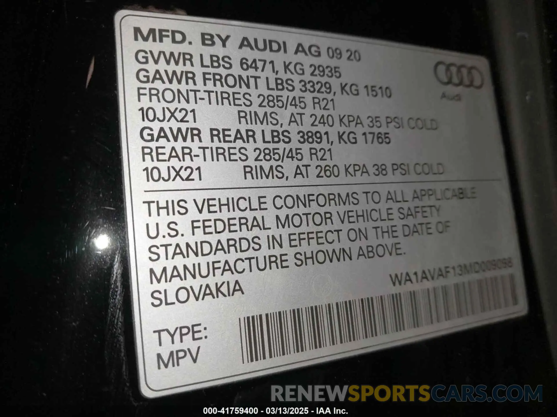 9 fotografías del automóvil dañado WA1AVAF13MD009098 AUDI Q8 2021