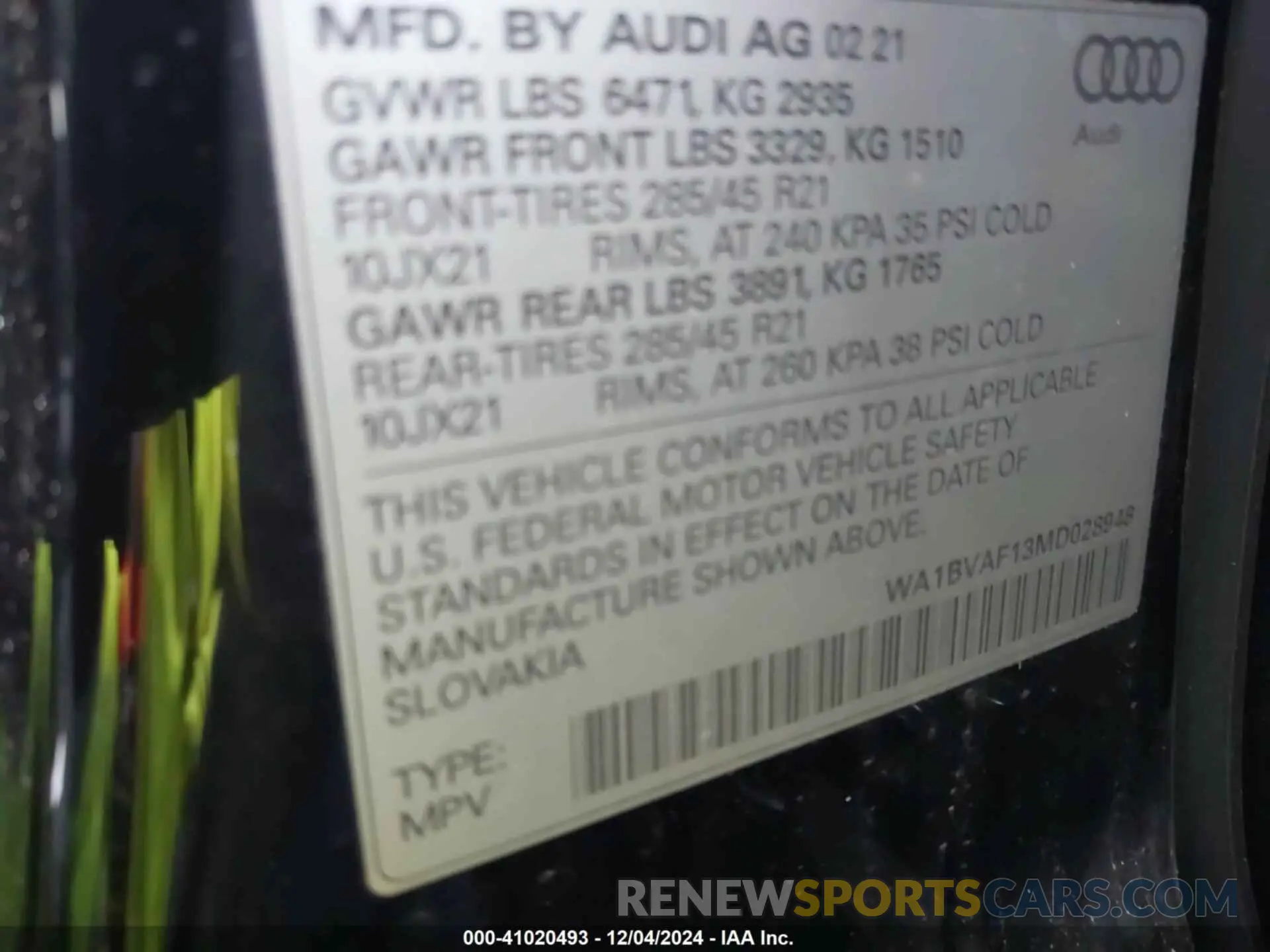 9 fotografías del automóvil dañado WA1BVAF13MD028948 AUDI Q8 2021