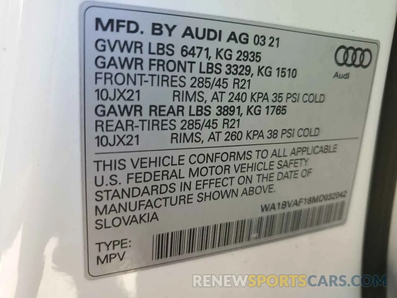 14 fotografías del automóvil dañado WA1BVAF18MD032042 AUDI Q8 2021
