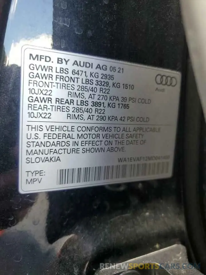 13 fotografías del automóvil dañado WA1EVAF12MD041400 AUDI Q8 2021