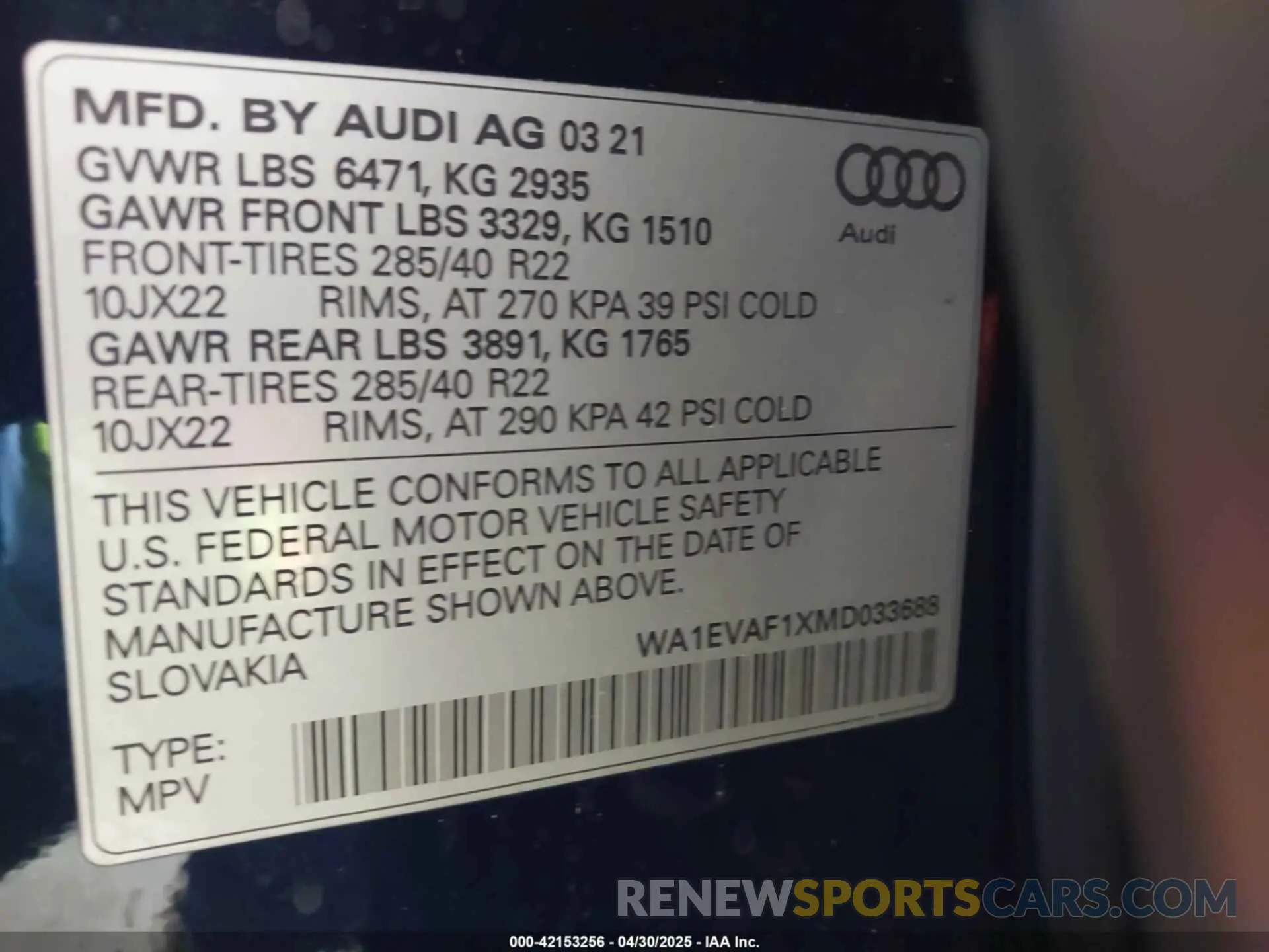 9 fotografías del automóvil dañado WA1EVAF1XMD033688 AUDI Q8 2021