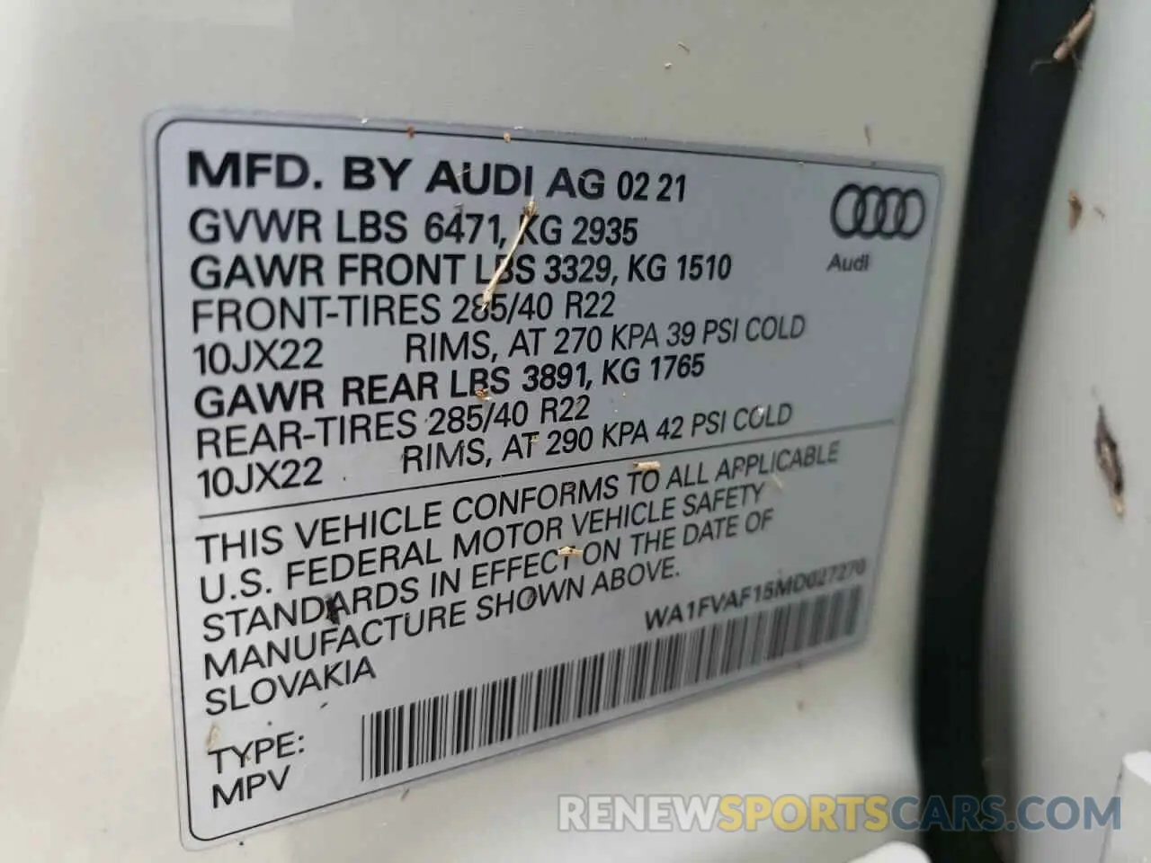 10 fotografías del automóvil dañado WA1FVAF15MD027270 AUDI Q8 2021