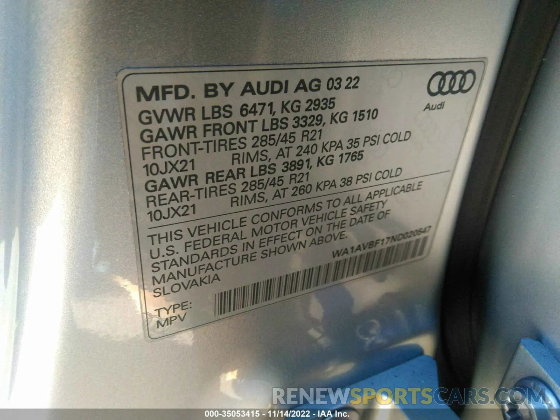 9 fotografías del automóvil dañado WA1AVBF17ND020547 AUDI Q8 2022