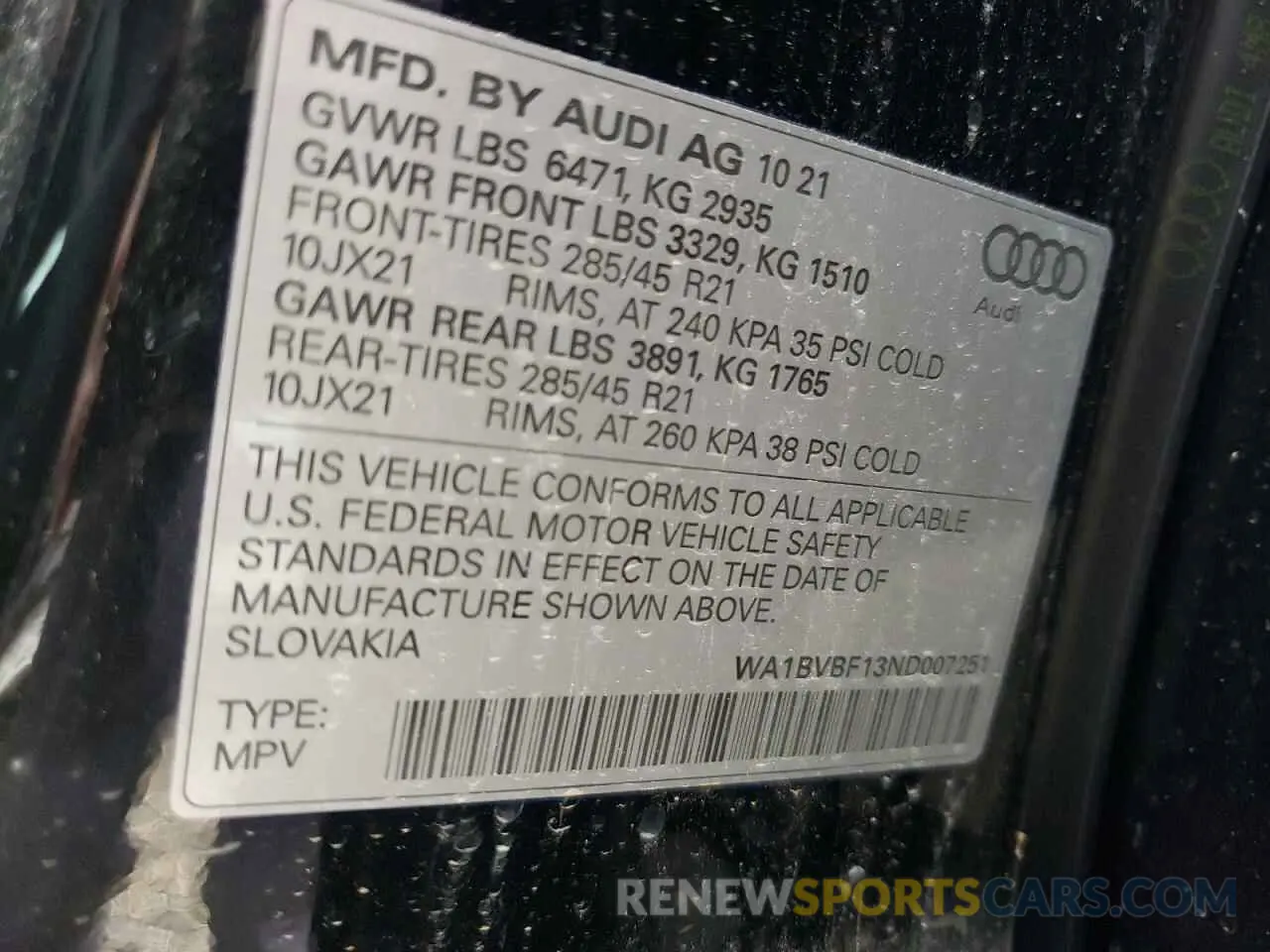 10 fotografías del automóvil dañado WA1BVBF13ND007251 AUDI Q8 2022