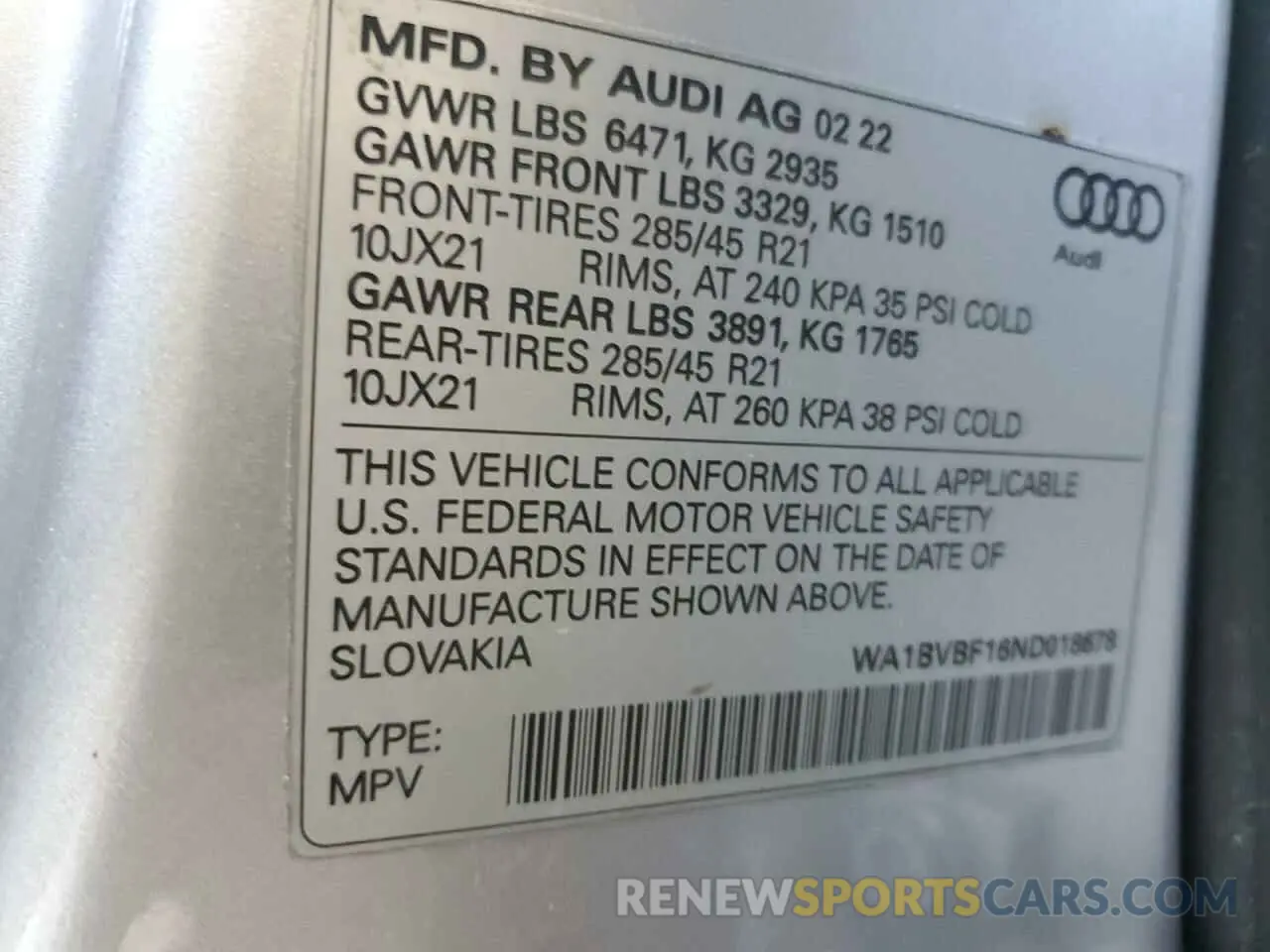 13 fotografías del automóvil dañado WA1BVBF16ND018678 AUDI Q8 2022