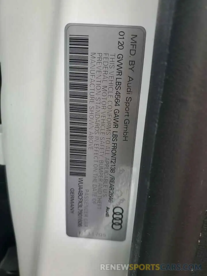 13 fotografías del automóvil dañado WUA4BCFX3L7901606 AUDI R8 2020