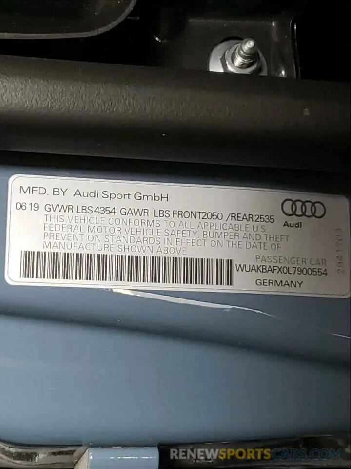10 fotografías del automóvil dañado WUAKBAFX0L7900554 AUDI R8 2020