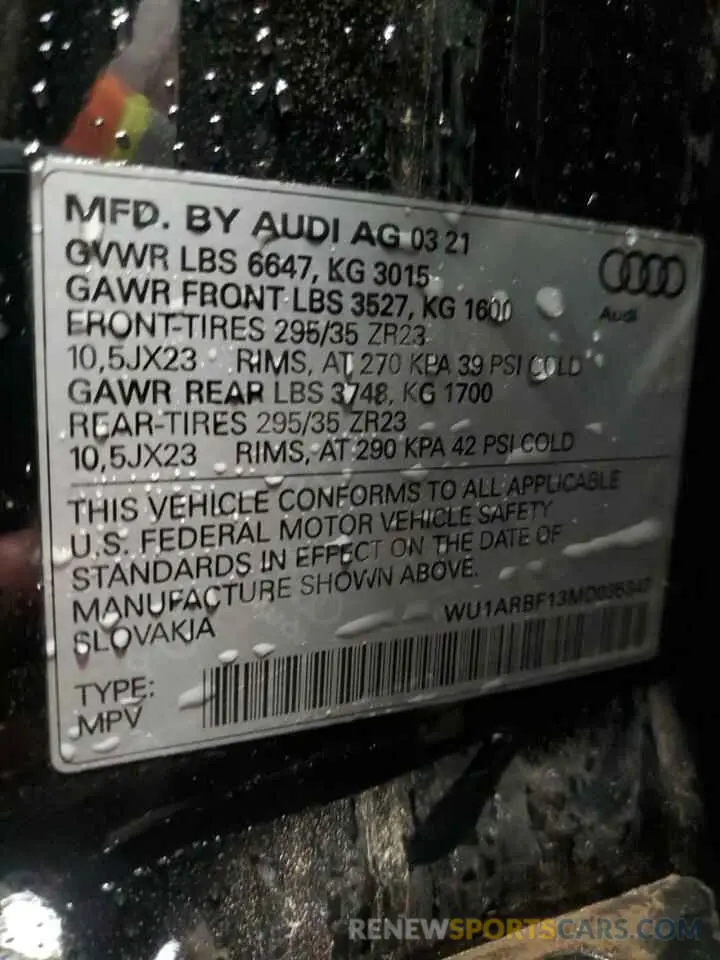 13 fotografías del automóvil dañado WU1ARBF13MD035347 AUDI RS 2021