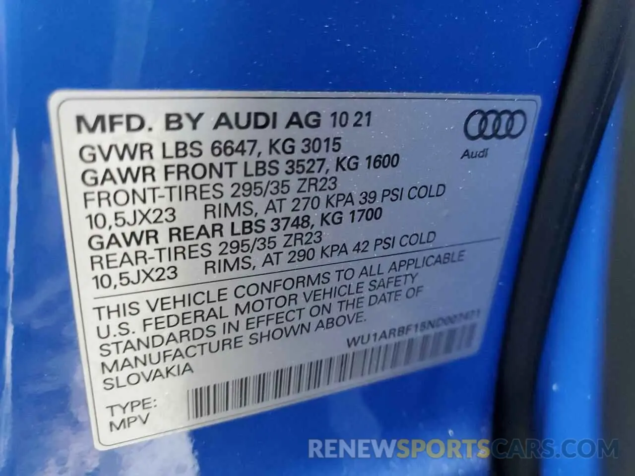 13 fotografías del automóvil dañado WU1ARBF15ND007471 AUDI RS 2022