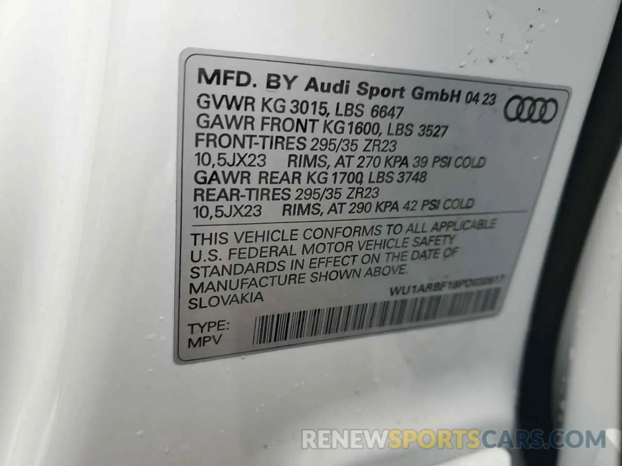 13 fotografías del automóvil dañado WU1ARBF18PD030617 AUDI RS 2023