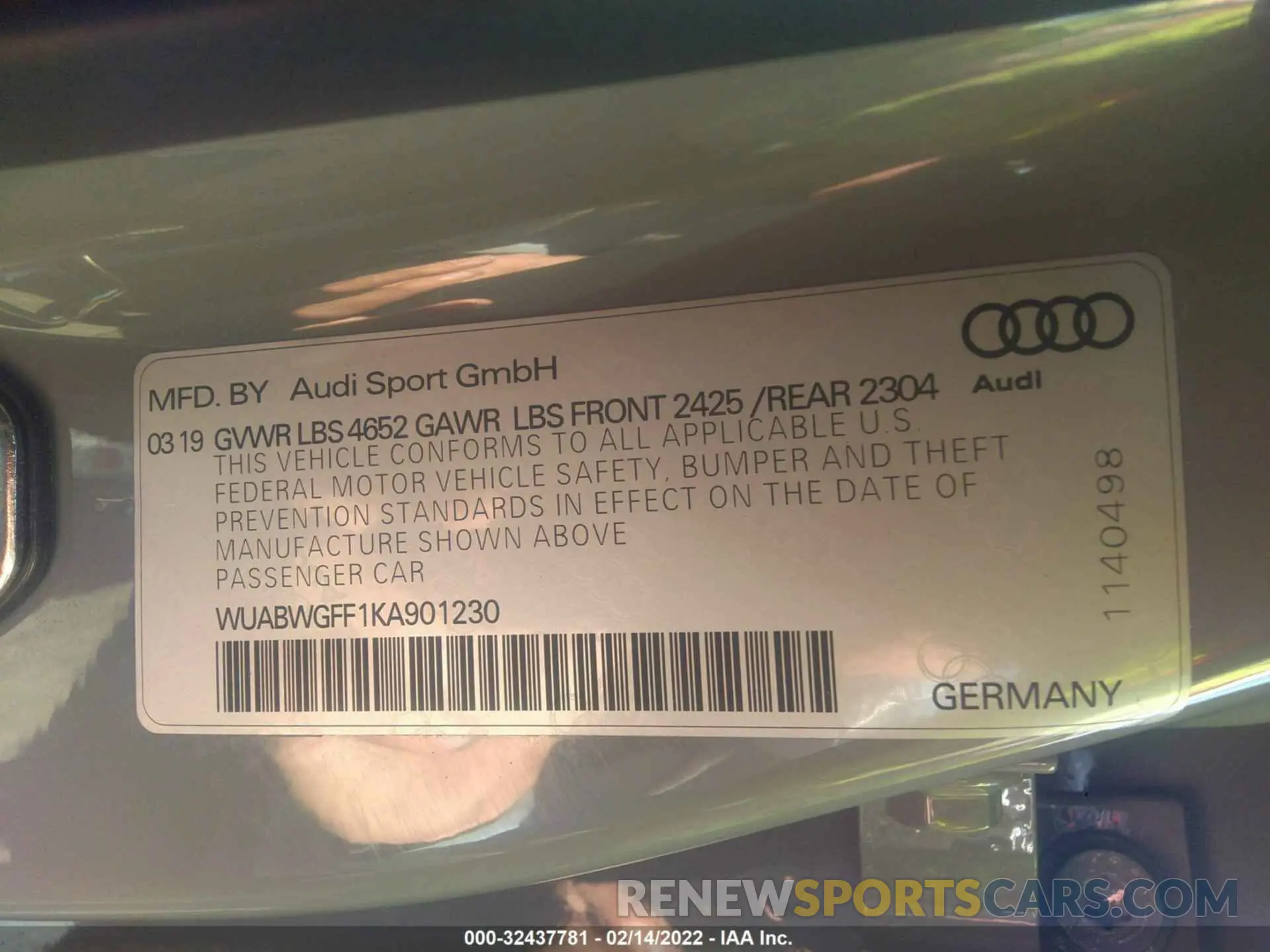 9 fotografías del automóvil dañado WUABWGFF1KA901230 AUDI RS 3 2019