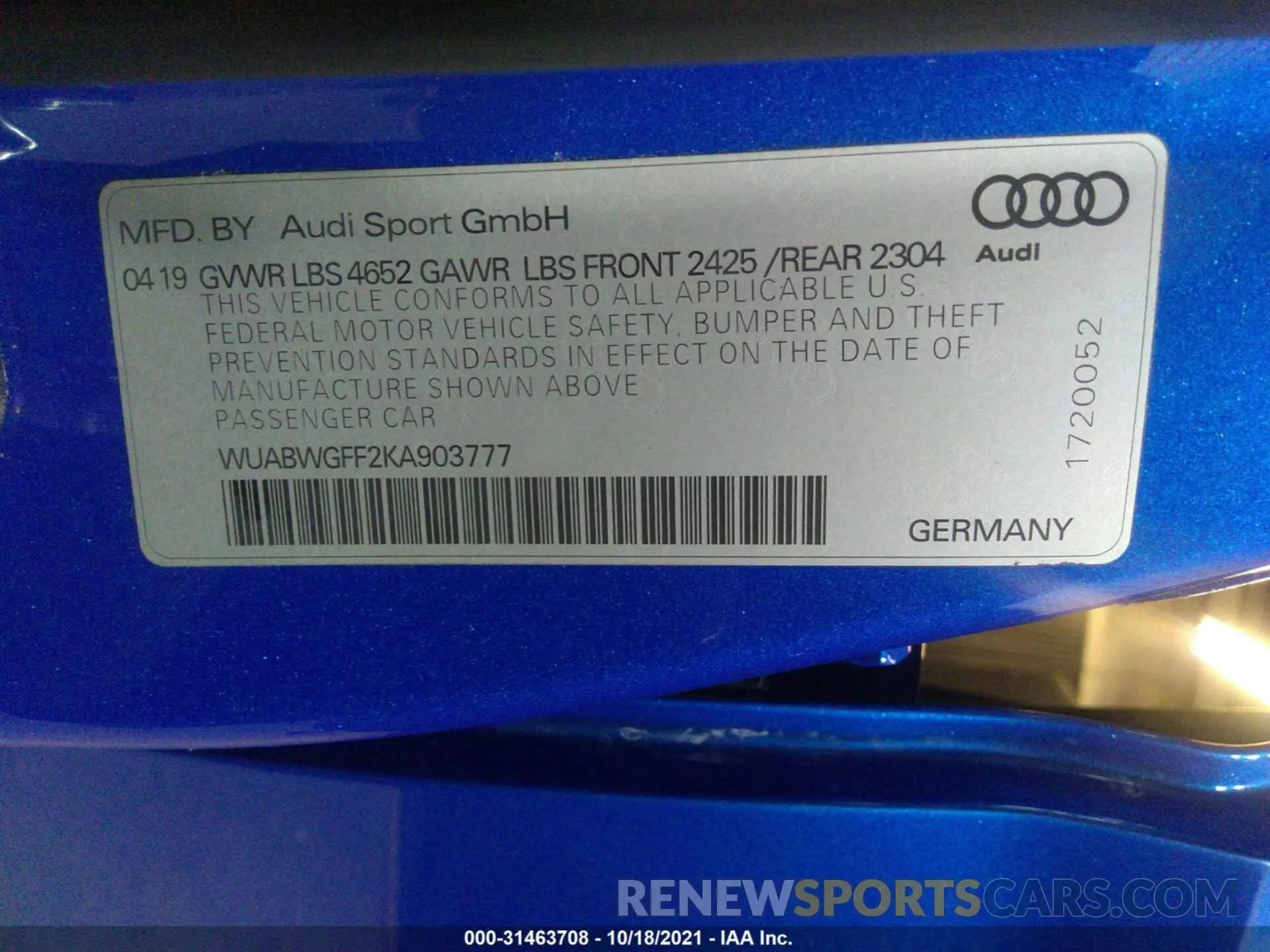 9 fotografías del automóvil dañado WUABWGFF2KA903777 AUDI RS 3 2019