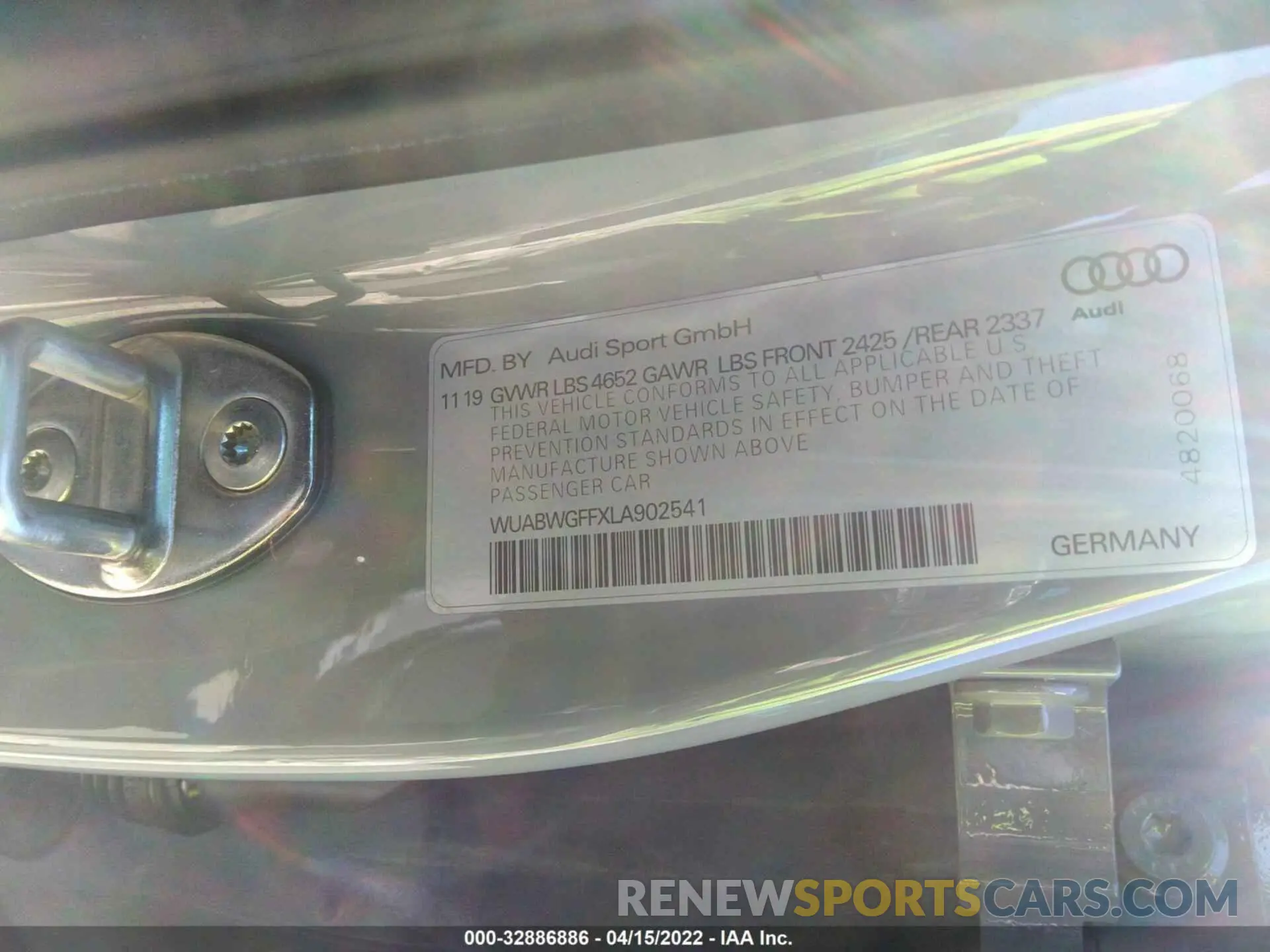 9 fotografías del automóvil dañado WUABWGFFXLA902541 AUDI RS 3 2020