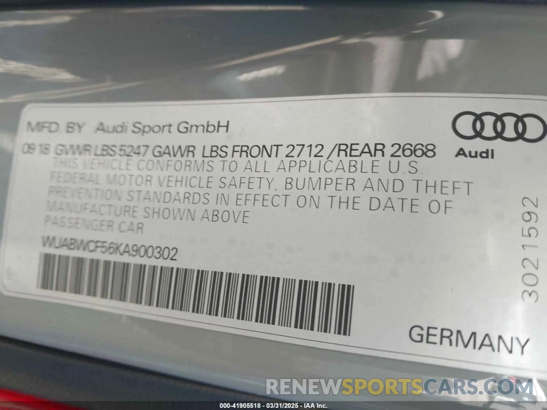 9 fotografías del automóvil dañado WUABWCF56KA900302 AUDI RS 5 2019