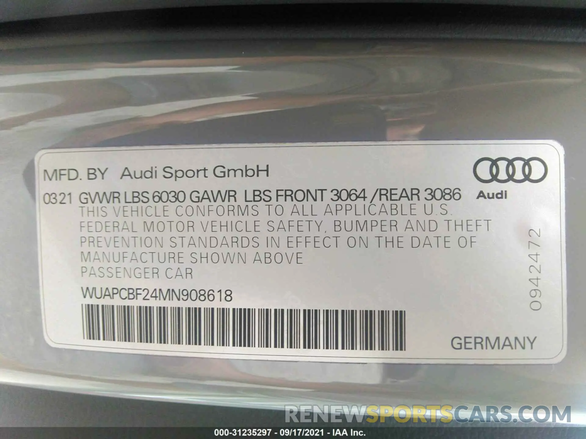9 fotografías del automóvil dañado WUAPCBF24MN908618 AUDI RS 7 2021