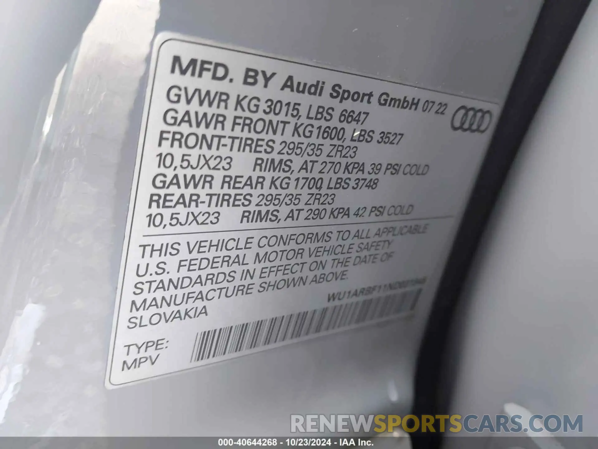9 fotografías del automóvil dañado WU1ARBF11ND031945 AUDI RS Q8 2022