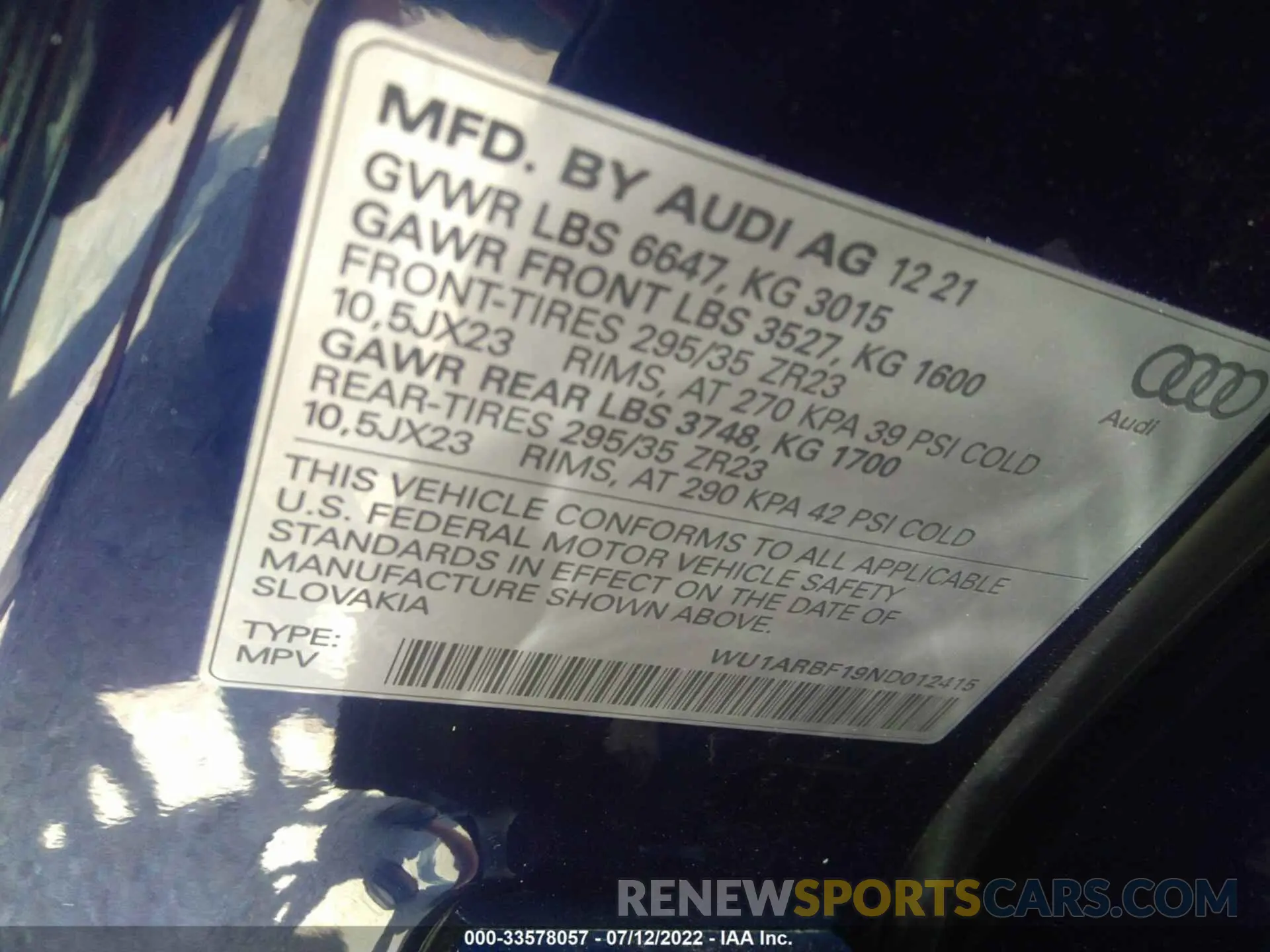 9 fotografías del automóvil dañado WU1ARBF19ND012415 AUDI RS Q8 2022