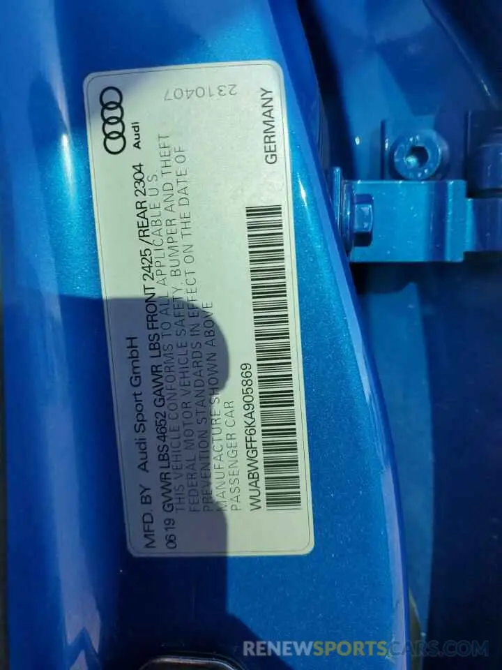 12 fotografías del automóvil dañado WUABWGFF6KA905869 AUDI RS3 2019