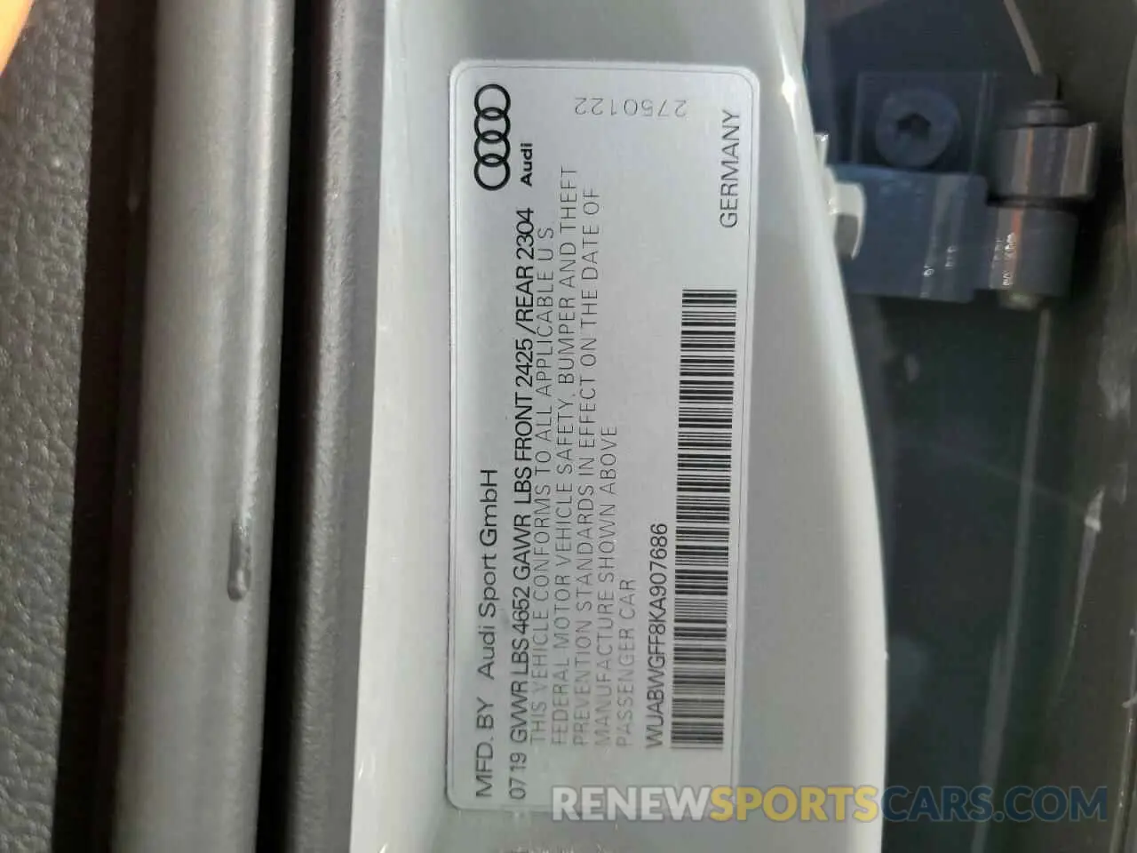12 fotografías del automóvil dañado WUABWGFF8KA907686 AUDI RS3 2019