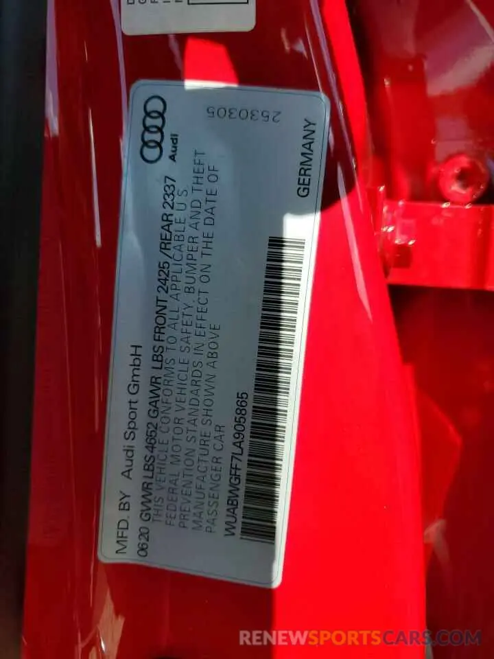 13 fotografías del automóvil dañado WUABWGFF7LA905865 AUDI RS3 2020