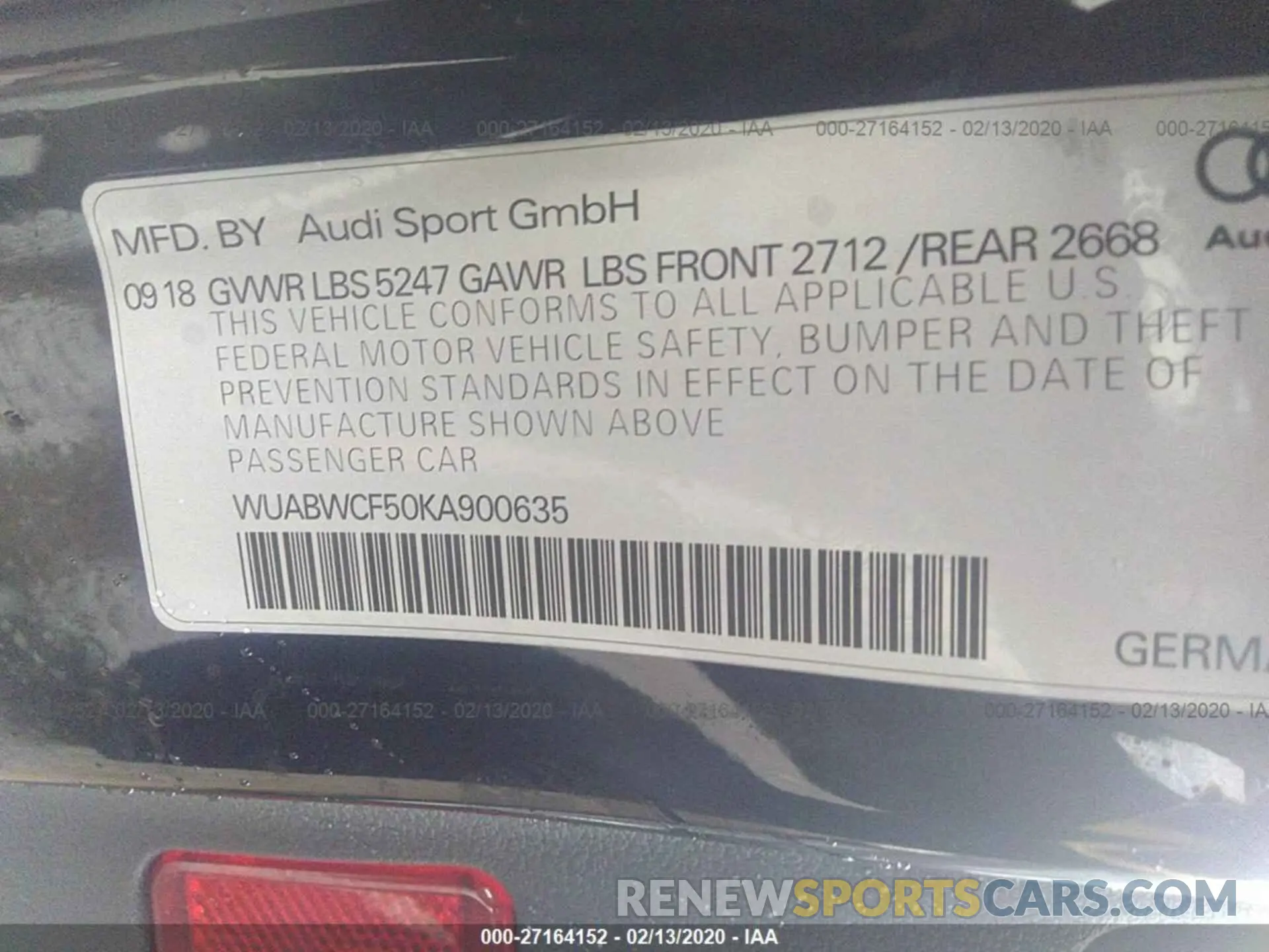 9 fotografías del automóvil dañado WUABWCF50KA900635 AUDI RS5 2019