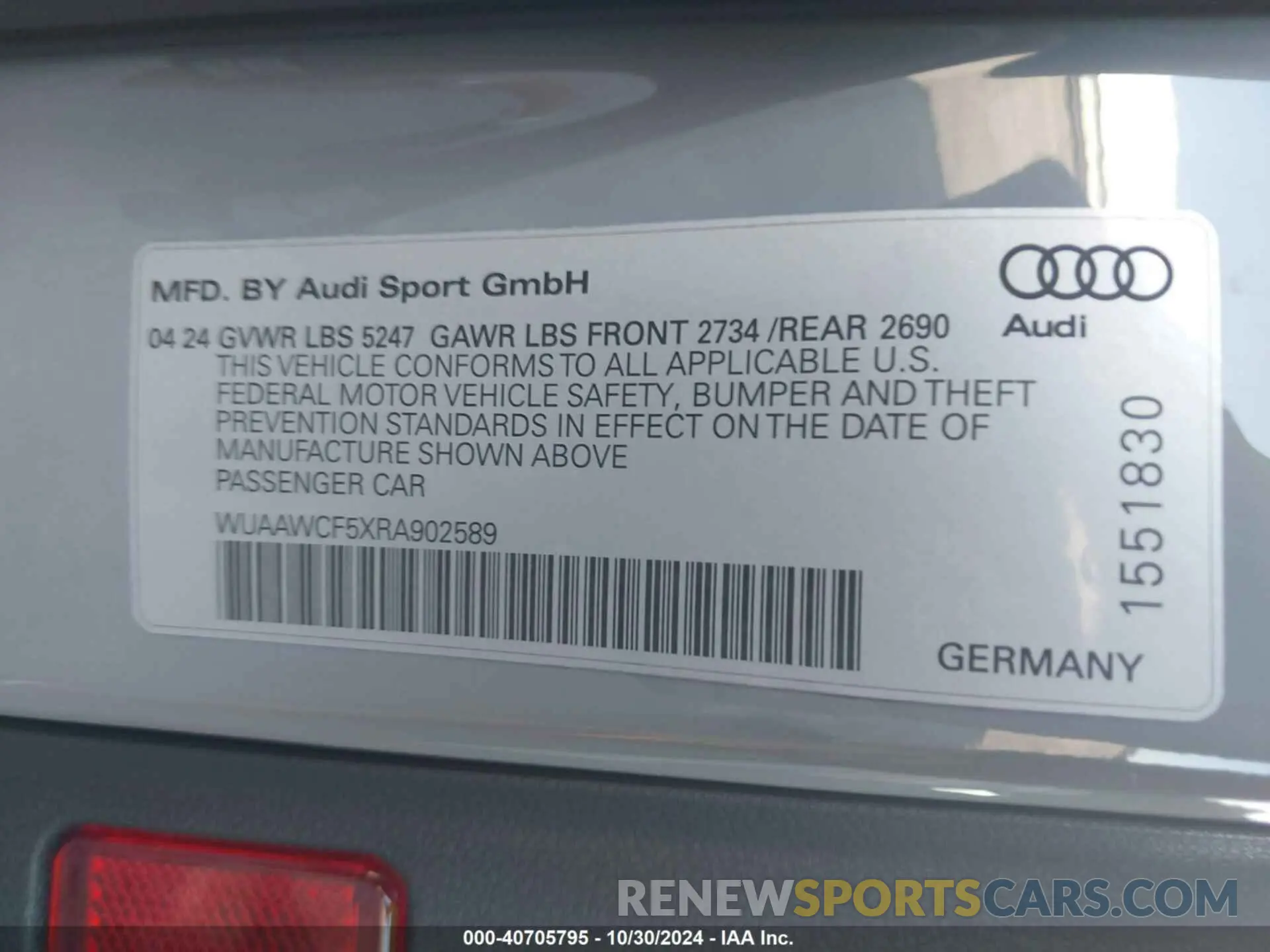 9 fotografías del automóvil dañado WUAAWCF5XRA902589 AUDI RS5 2024