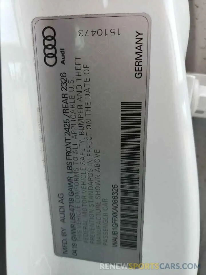 10 fotografías del automóvil dañado WAUB1GFFXKA086325 AUDI S3 2019