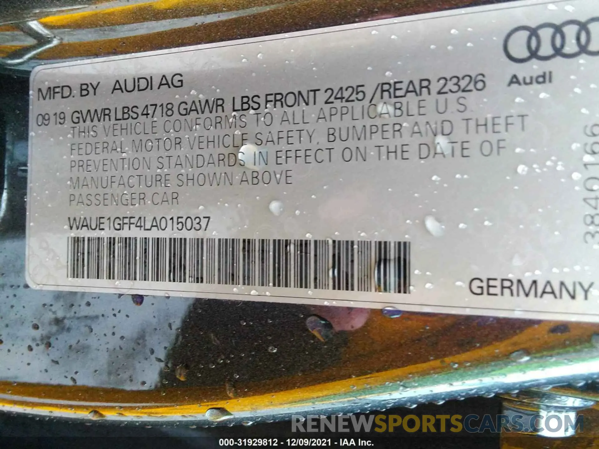9 fotografías del automóvil dañado WAUE1GFF4LA015037 AUDI S3 2020