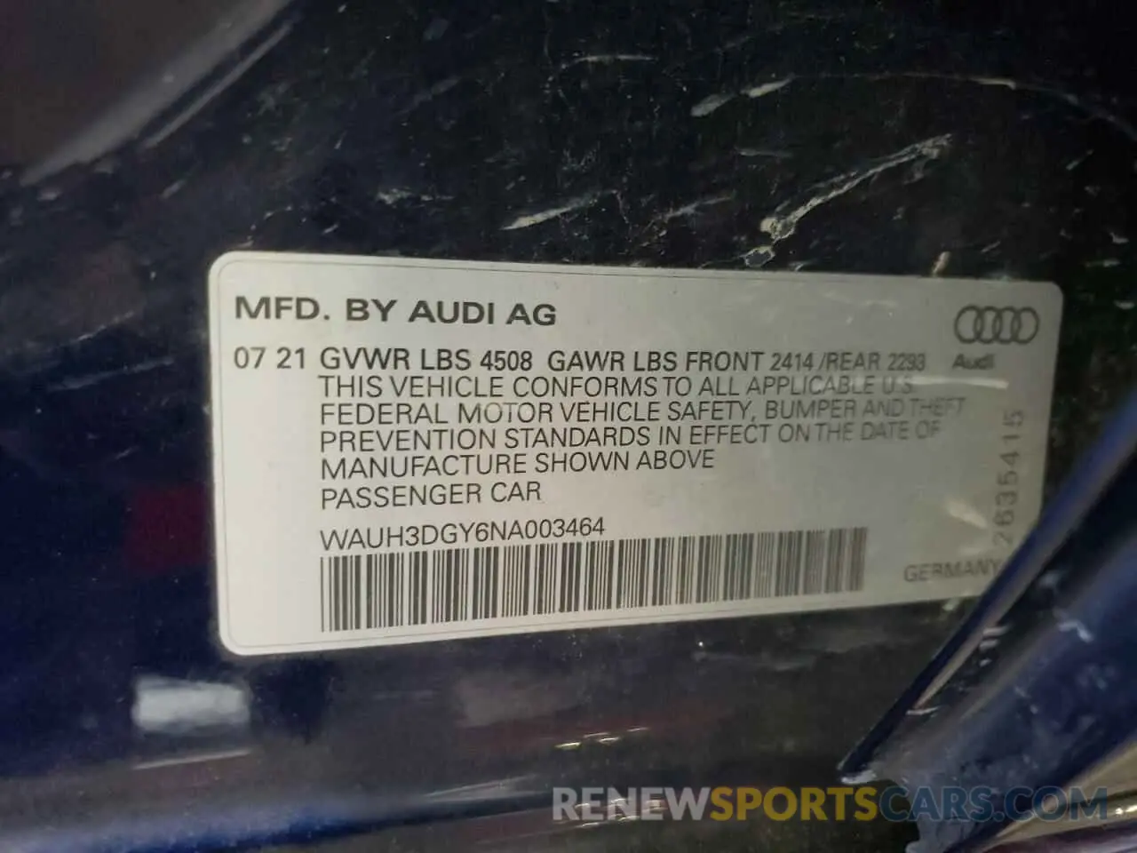 10 fotografías del automóvil dañado WAUH3DGY6NA003464 AUDI S3 2022