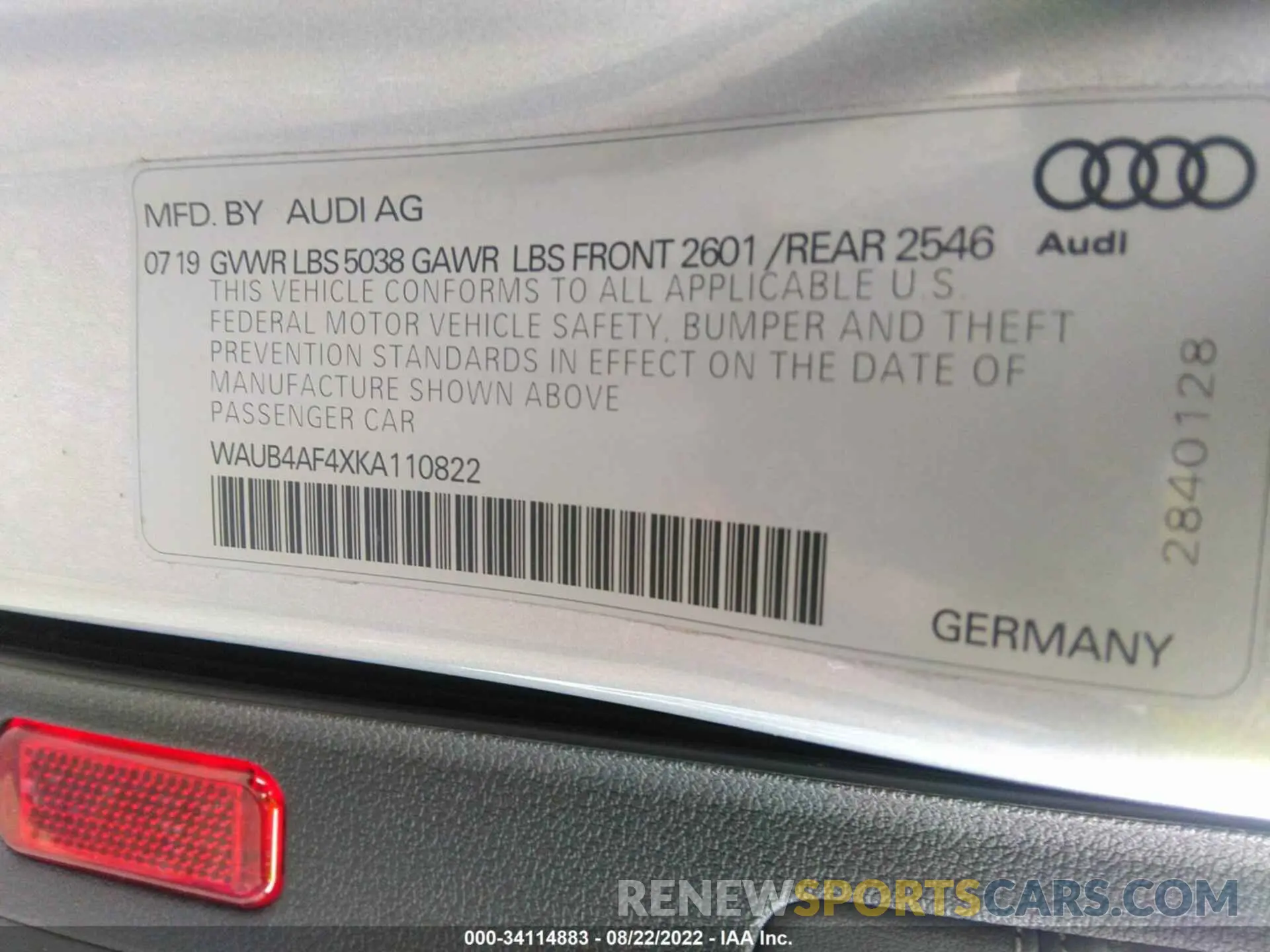 9 fotografías del automóvil dañado WAUB4AF4XKA110822 AUDI S4 2019