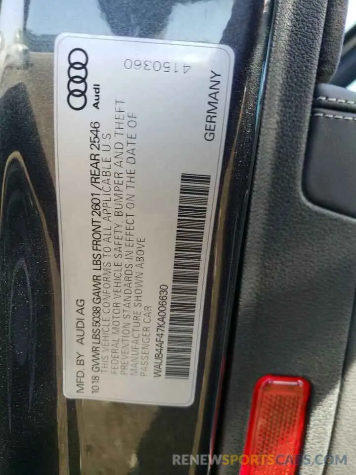 13 fotografías del automóvil dañado WAUB4AF47KA006630 AUDI S4/RS4 2019