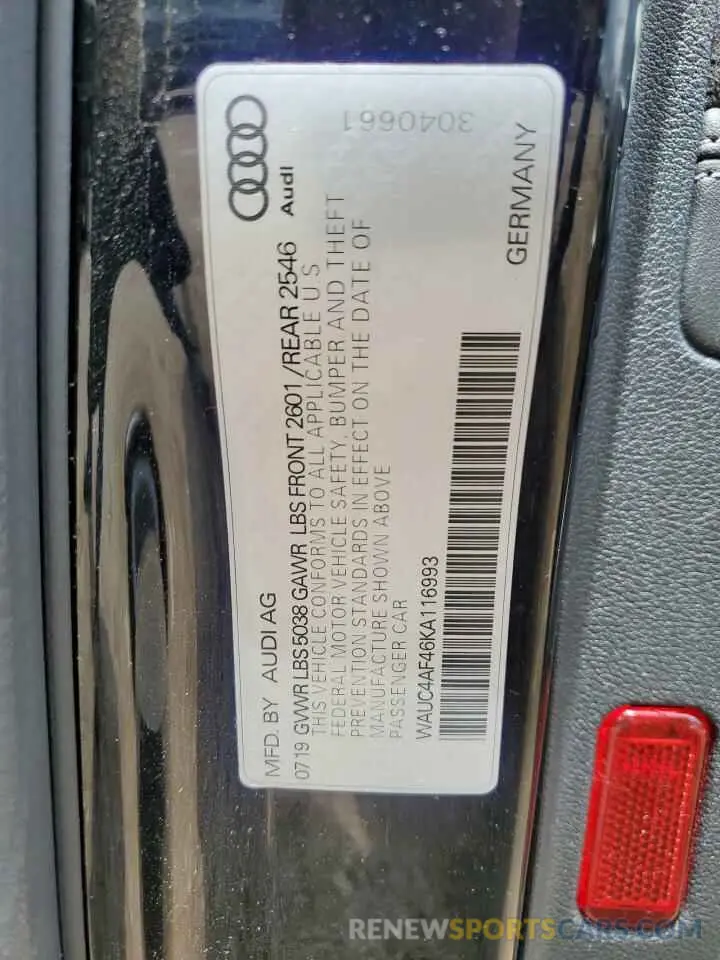 13 fotografías del automóvil dañado WAUC4AF46KA116993 AUDI S4/RS4 2019