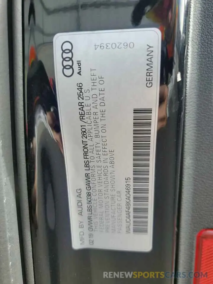 12 fotografías del automóvil dañado WAUC4AF48KA046915 AUDI S4/RS4 2019