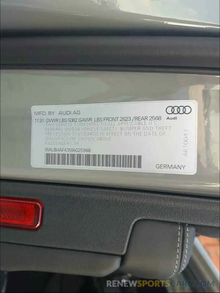 10 fotografías del automóvil dañado WAUB4AF43MA025968 AUDI S4/RS4 2021