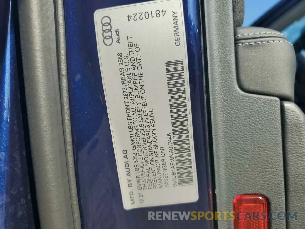 12 fotografías del automóvil dañado WAUB4AF48NA017446 AUDI S4/RS4 2022