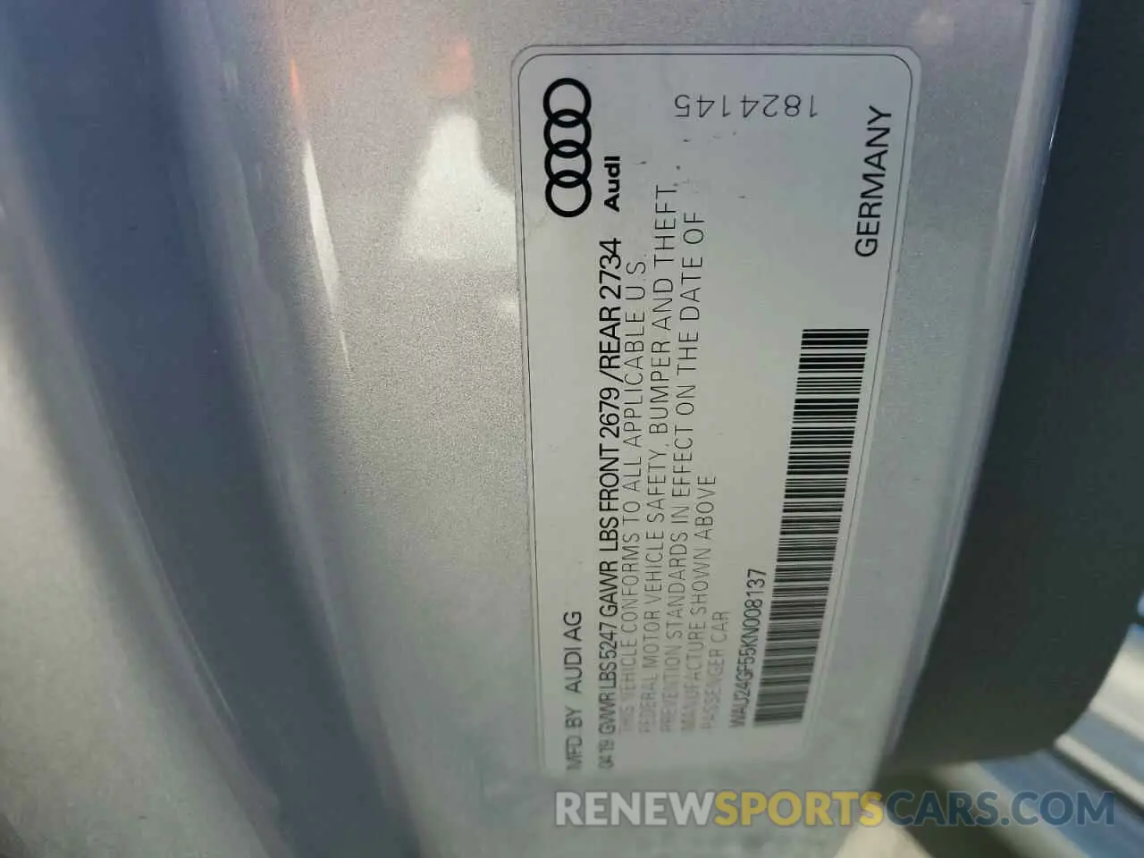 10 fotografías del automóvil dañado WAU24GF55KN008137 AUDI S5/RS5 2019