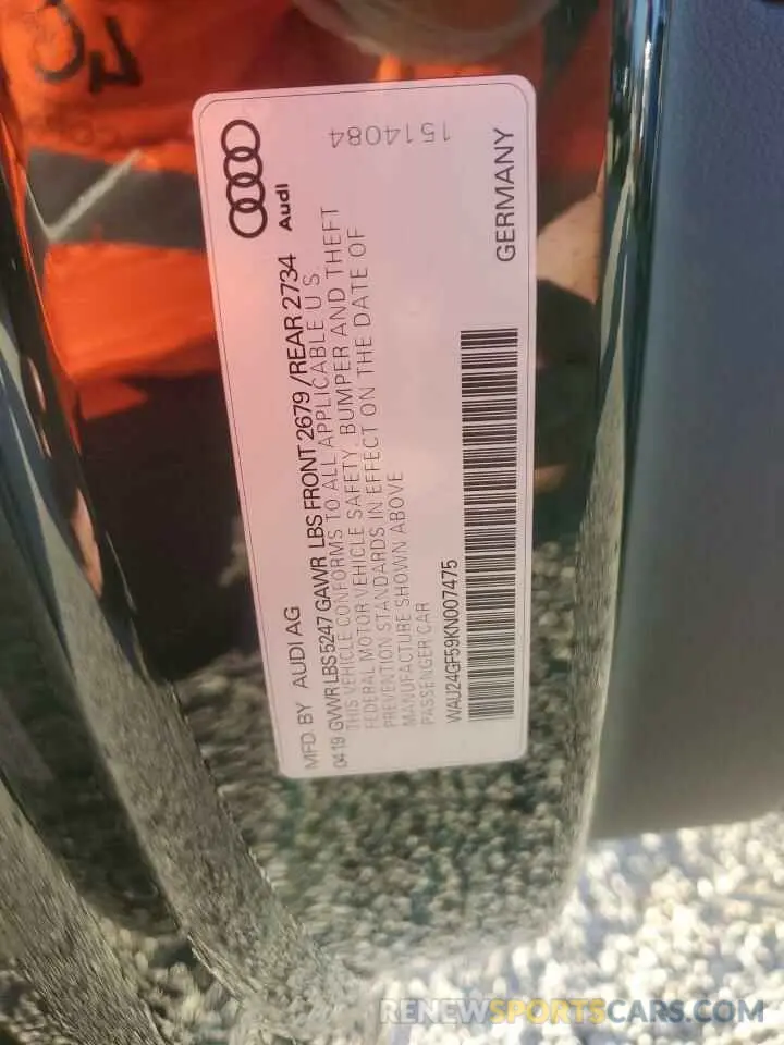 13 fotografías del automóvil dañado WAU24GF59KN007475 AUDI S5/RS5 2019