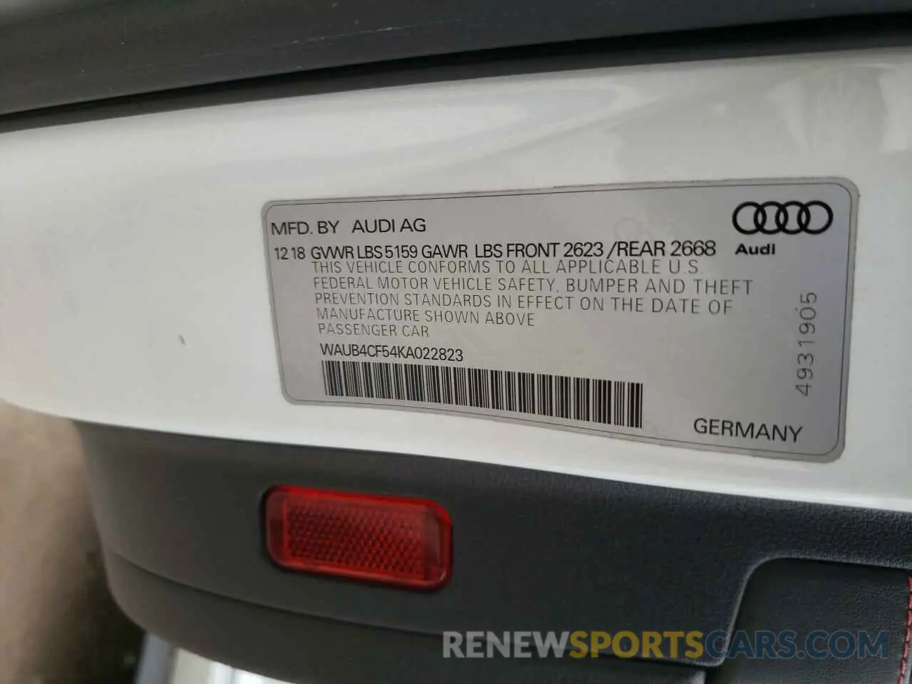 13 fotografías del automóvil dañado WAUB4CF54KA022823 AUDI S5/RS5 2019