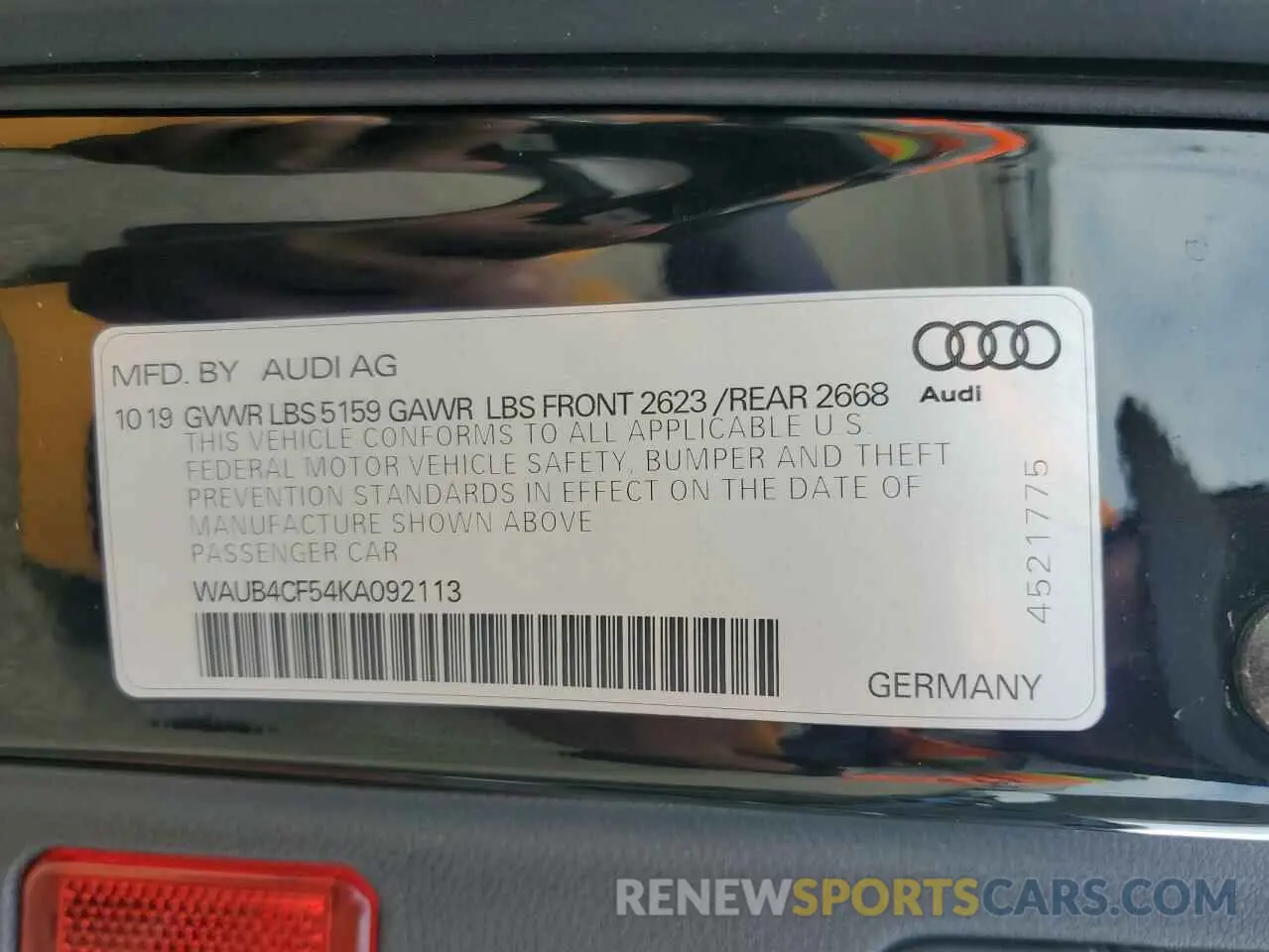 12 fotografías del automóvil dañado WAUB4CF54KA092113 AUDI S5/RS5 2019