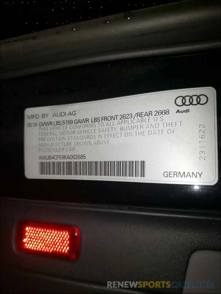 10 fotografías del automóvil dañado WAUB4CF59KA062685 AUDI S5/RS5 2019