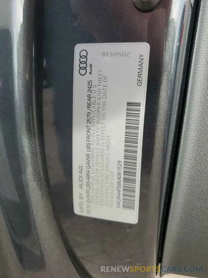 12 fotografías del automóvil dañado WAUR4AF58KA061529 AUDI S5/RS5 2019