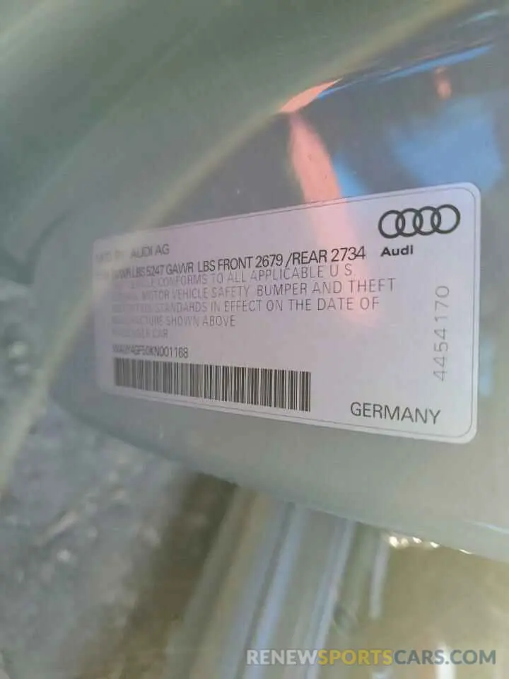 12 fotografías del automóvil dañado WAUY4GF50KN001168 AUDI S5/RS5 2019