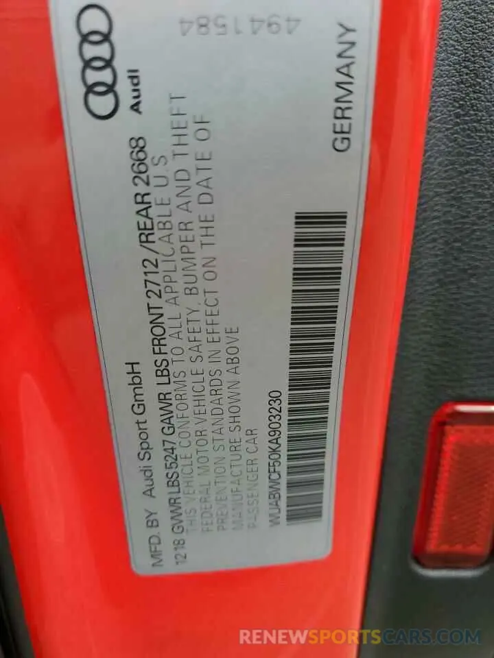 14 fotografías del automóvil dañado WUABWCF50KA903230 AUDI S5/RS5 2019