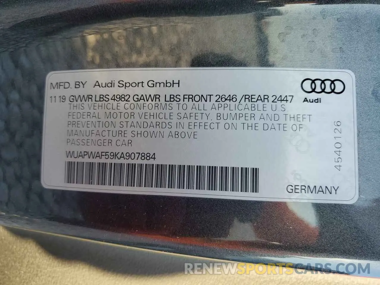 13 fotografías del automóvil dañado WUAPWAF59KA907884 AUDI S5/RS5 2019