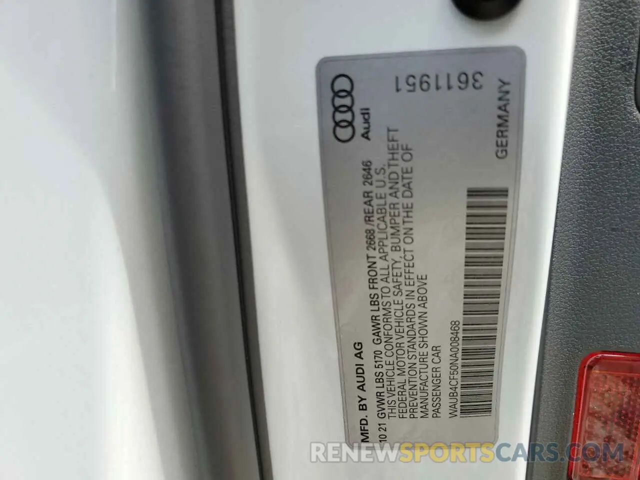 10 fotografías del automóvil dañado WAUB4CF50NA008468 AUDI S5/RS5 2022