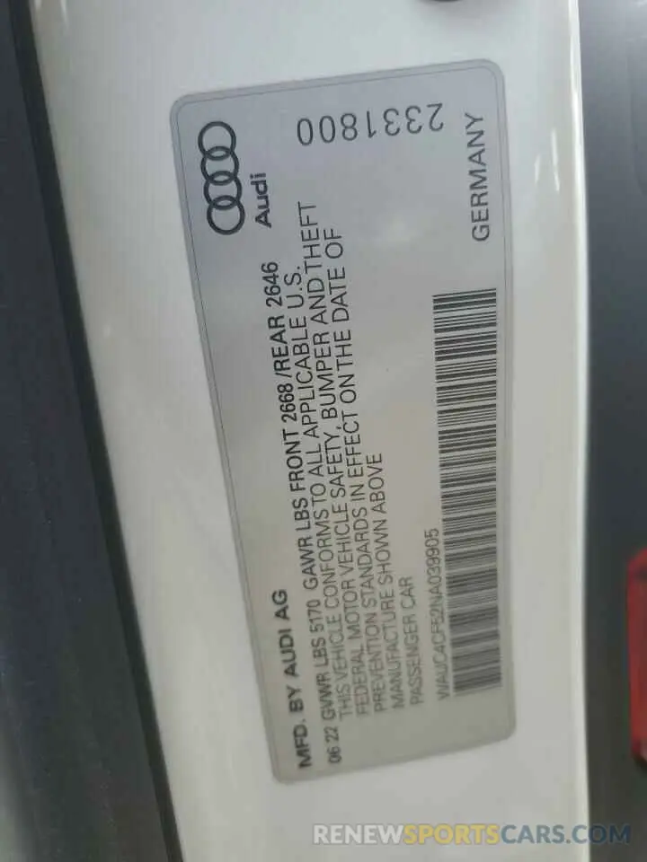 13 fotografías del automóvil dañado WAUC4CF52NA039905 AUDI S5/RS5 2022