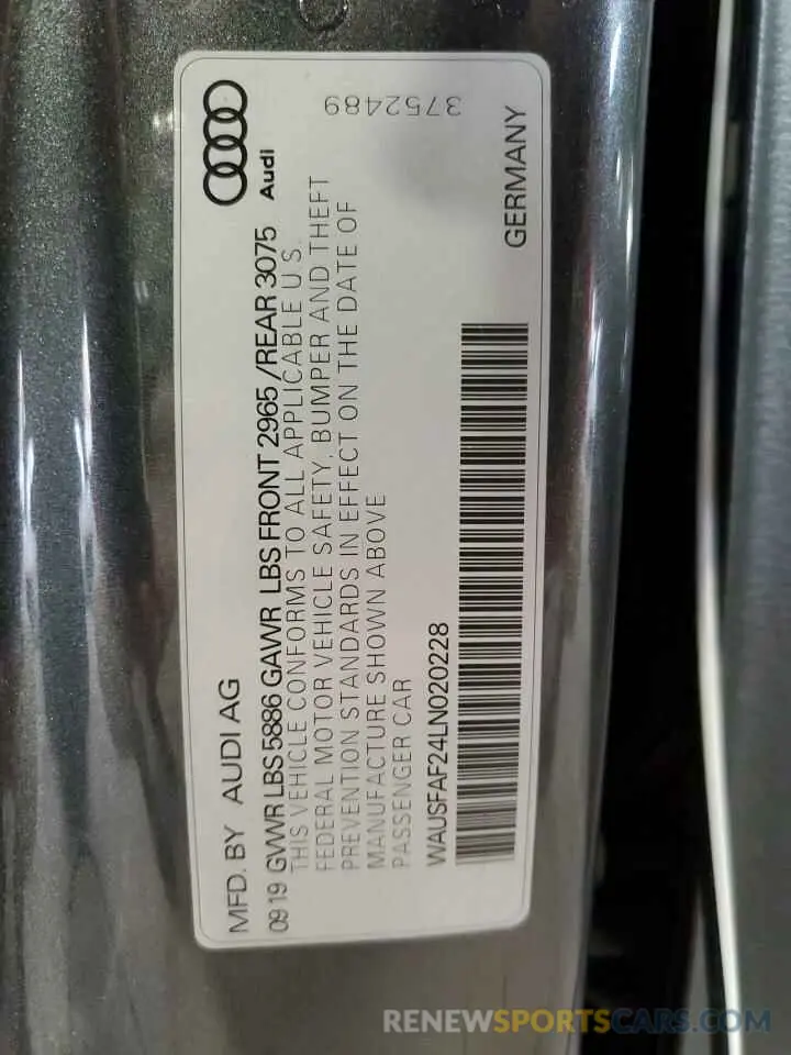 12 fotografías del automóvil dañado WAUSFAF24LN020228 AUDI S7/RS7 2020