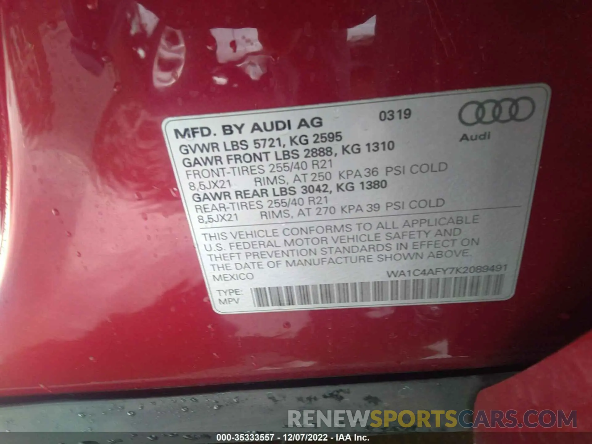 9 fotografías del automóvil dañado WA1C4AFY7K2089491 AUDI SQ5 2019